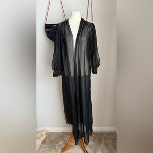NWT Vintage 1960’s Black Chiffon Sheer Puff Sleeve Intimate Robe, Size Medium